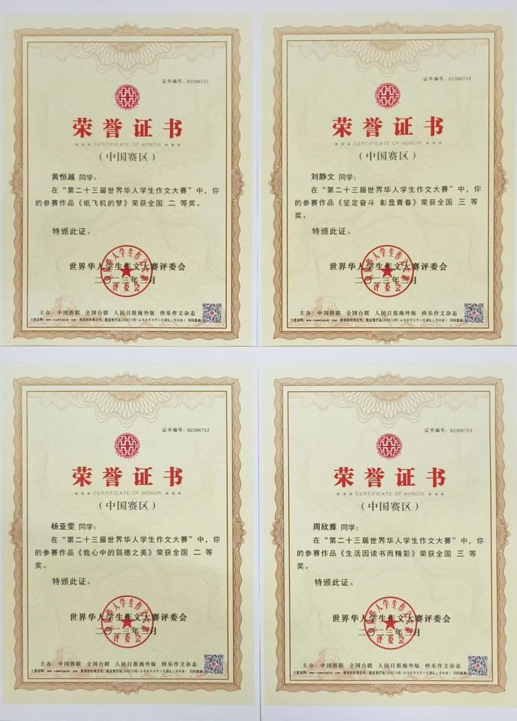 获奖学生荣誉证书